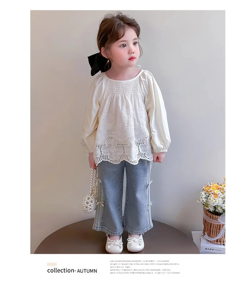 Girls Bow Print Denim Pants New BlingBling Diamond Jeans Children Clothes Kids Straight Wide-legged Pants Loose Trousers 2-8 Yea