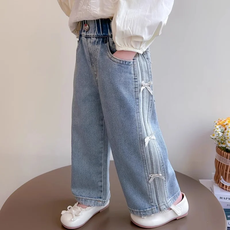 Girls Bow Print Denim Pants New BlingBling Diamond Jeans Children Clothes Kids Straight Wide-legged Pants Loose Trousers 2-8 Yea