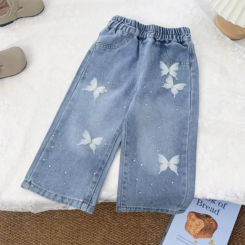 Girls Bow Print Denim Pants New BlingBling Diamond Jeans Children Clothes Kids Straight Wide-legged Pants Loose Trousers 2-8 Yea