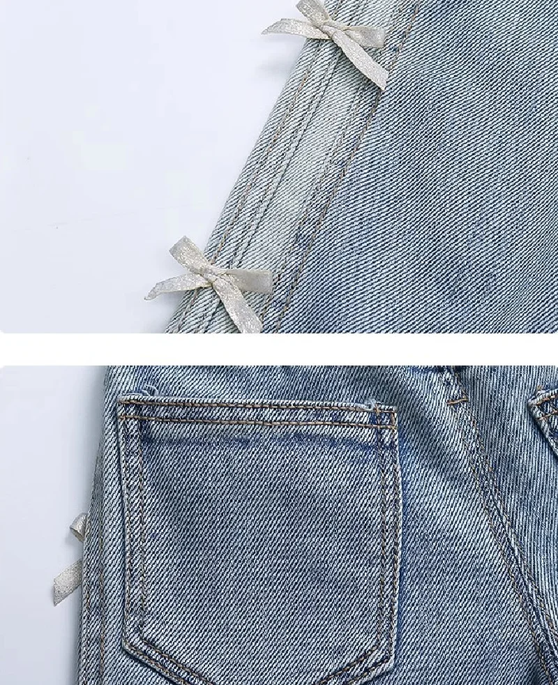 Girls Bow Print Denim Pants New BlingBling Diamond Jeans Children Clothes Kids Straight Wide-legged Pants Loose Trousers 2-8 Yea