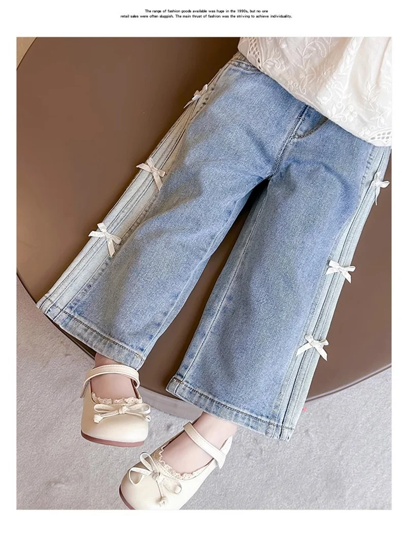 Girls Bow Print Denim Pants New BlingBling Diamond Jeans Children Clothes Kids Straight Wide-legged Pants Loose Trousers 2-8 Yea