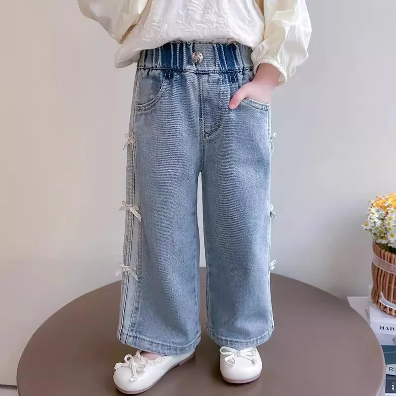 Girls Bow Print Denim Pants New BlingBling Diamond Jeans Children Clothes Kids Straight Wide-legged Pants Loose Trousers 2-8 Yea