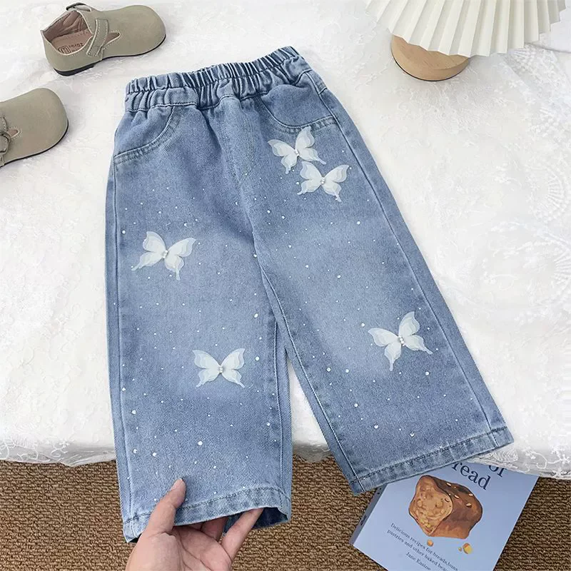 Girls Bow Print Denim Pants New BlingBling Diamond Jeans Children Clothes Kids Straight Wide-legged Pants Loose Trousers 2-8 Yea
