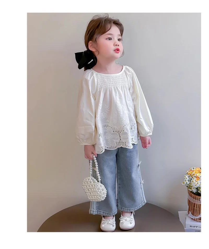 Girls Bow Print Denim Pants New BlingBling Diamond Jeans Children Clothes Kids Straight Wide-legged Pants Loose Trousers 2-8 Yea