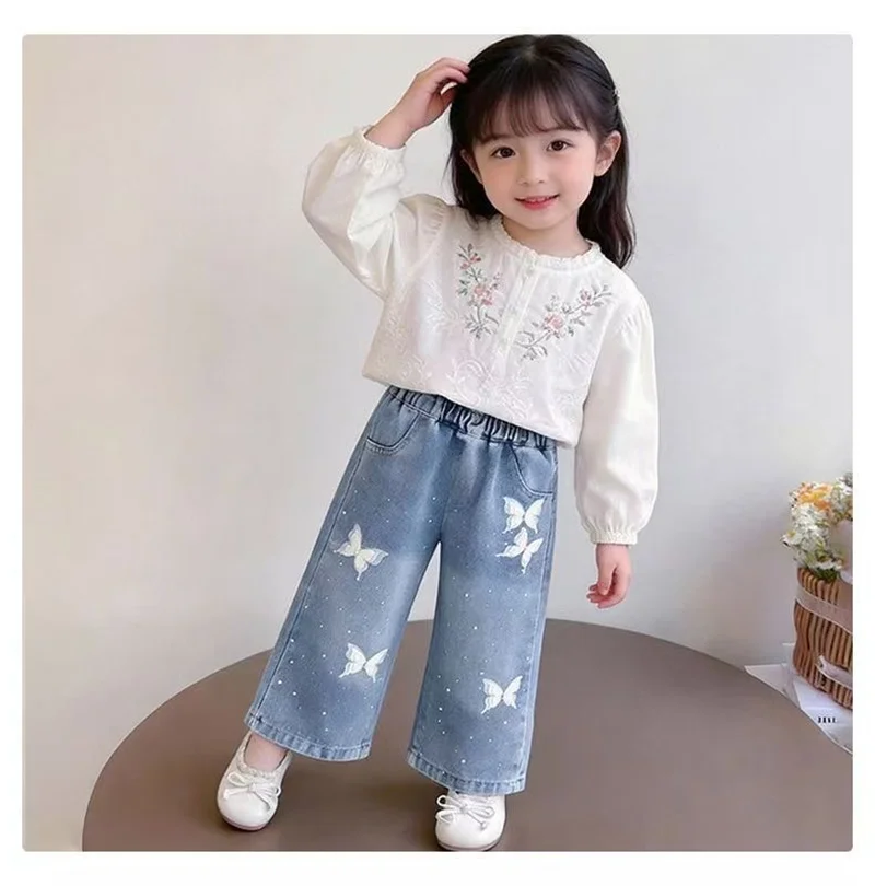 Girls Bow Print Denim Pants New BlingBling Diamond Jeans Children Clothes Kids Straight Wide-legged Pants Loose Trousers 2-8 Yea