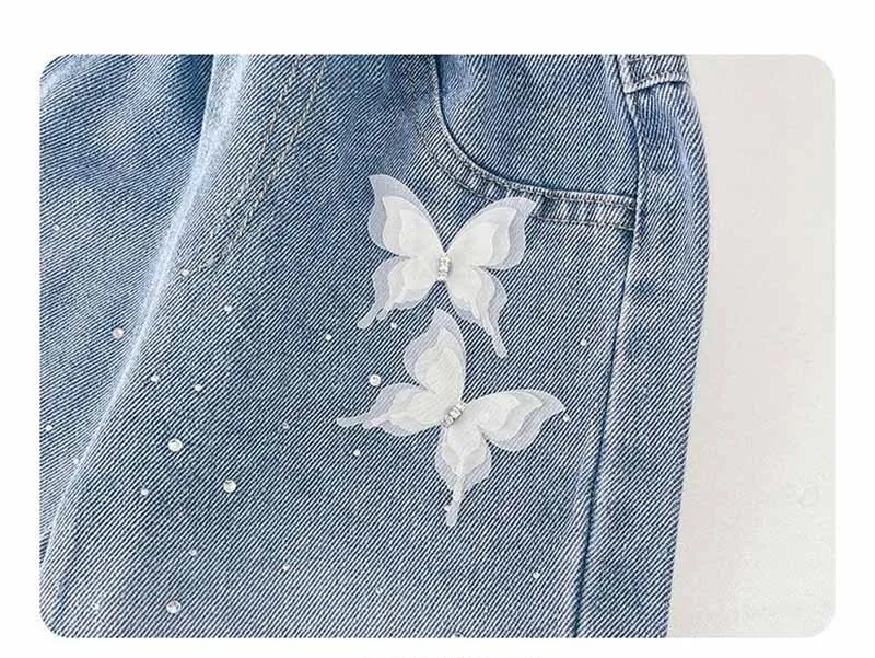 Girls Bow Print Denim Pants New BlingBling Diamond Jeans Children Clothes Kids Straight Wide-legged Pants Loose Trousers 2-8 Yea