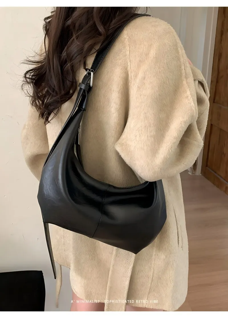 Large Capacity Casual Crossbody Bag Soft Leather Commuter Bag Black Versatile Lazy Style Korean Mini Shoulder Bag for Daily Use