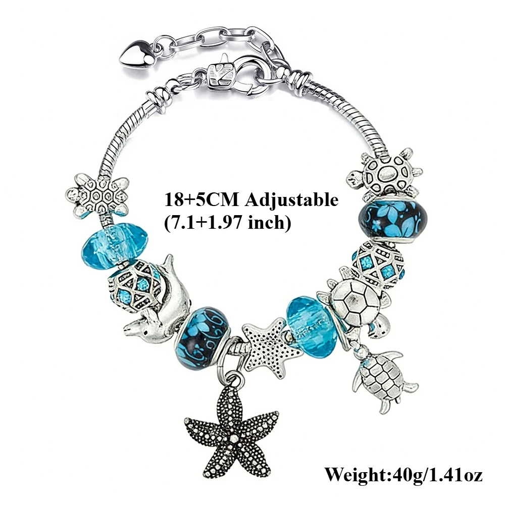 New In Classic Blue Ocean Style Starfish Turtle Pendant Beaded Bracelets Silver Plated DIY Sea Animal Charm Bracelet Casual Gift