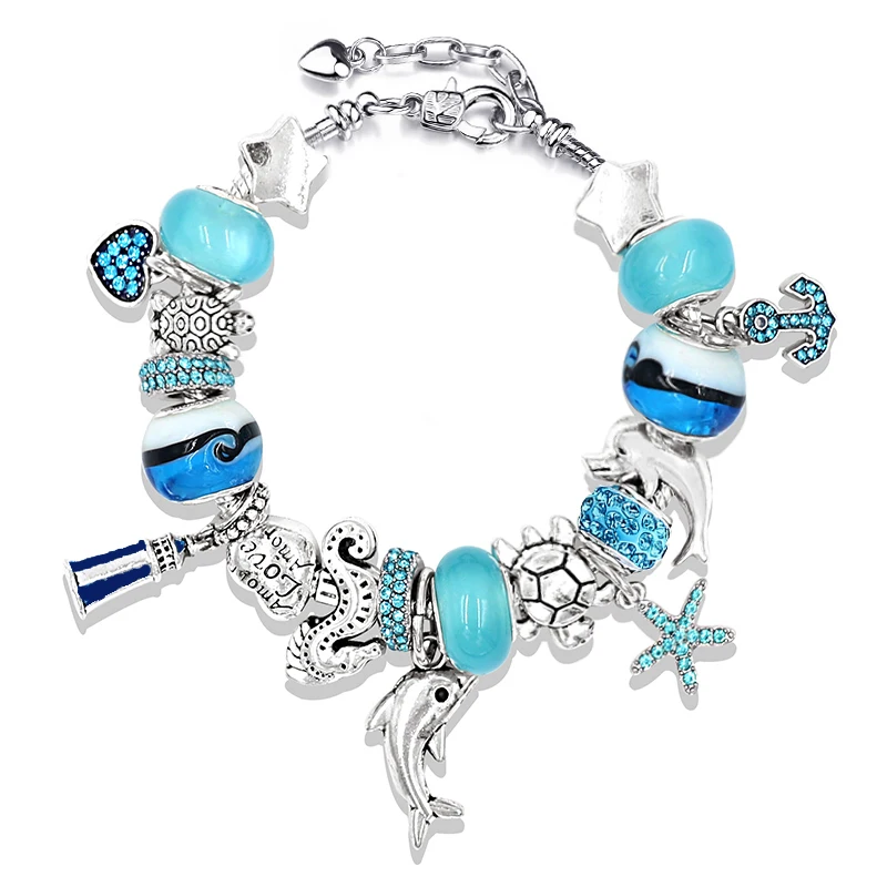 New In Classic Blue Ocean Style Starfish Turtle Pendant Beaded Bracelets Silver Plated DIY Sea Animal Charm Bracelet Casual Gift