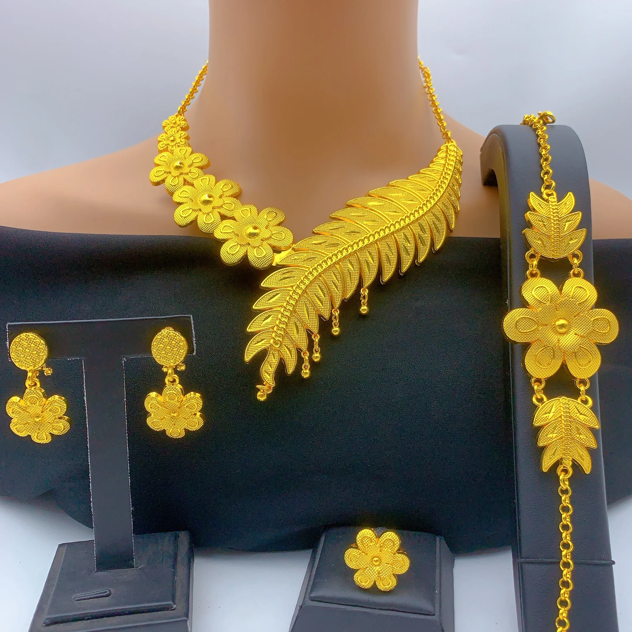Ethiopian 24k Gold Color Necklace Earrings Set For Lady Africa Big Pendant Choker Jewelry Wedding Party Accessories