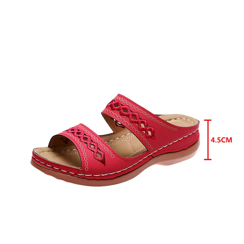 Hollow Slides Summer Women Sandals Slippers Comfortable Wedges Sandals Leisure Beach Roman Leather Women Slippers Zapatos Mujer