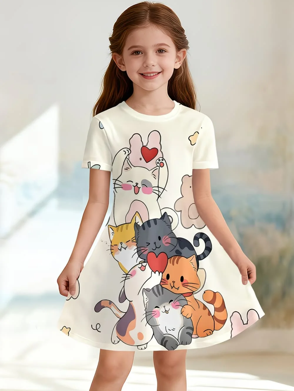 Girl Clothes Cartoon Cat Graphic Printed Girls' Princess Dress Summer Casual Dress for Girls Outfit O-Neck Birthday Gift Clothes