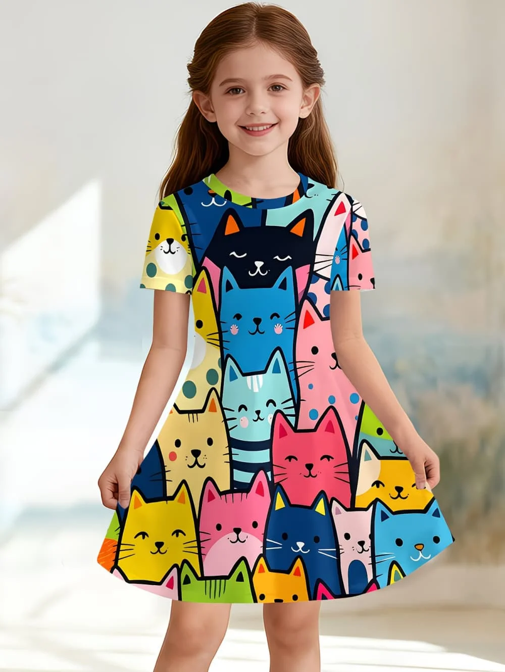 Girl Clothes Cartoon Cat Graphic Printed Girls' Princess Dress Summer Casual Dress for Girls Outfit O-Neck Birthday Gift Clothes