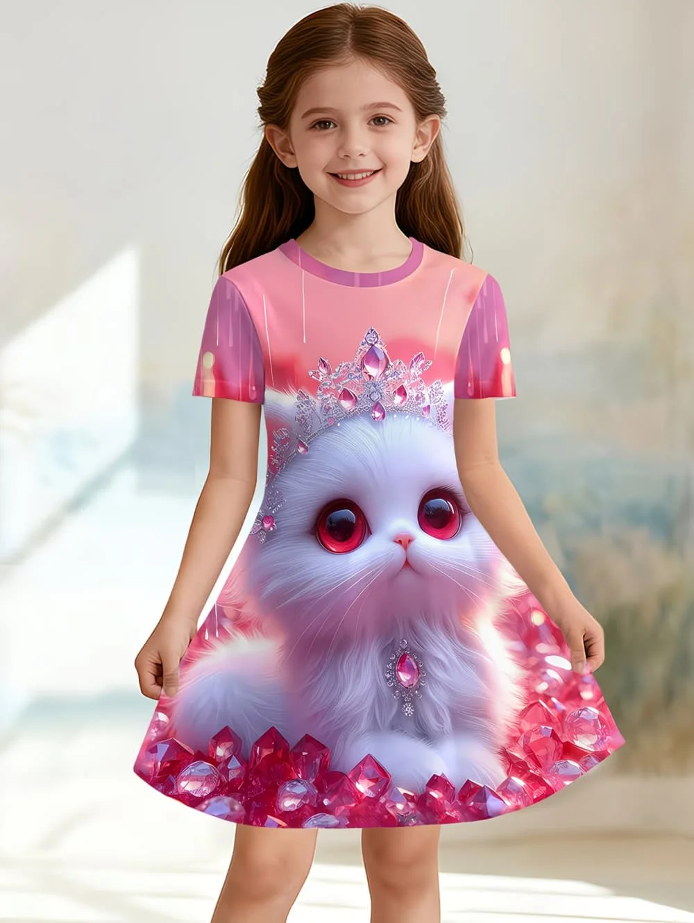 Girl Clothes Cartoon Cat Graphic Printed Girls' Princess Dress Summer Casual Dress for Girls Outfit O-Neck Birthday Gift Clothes