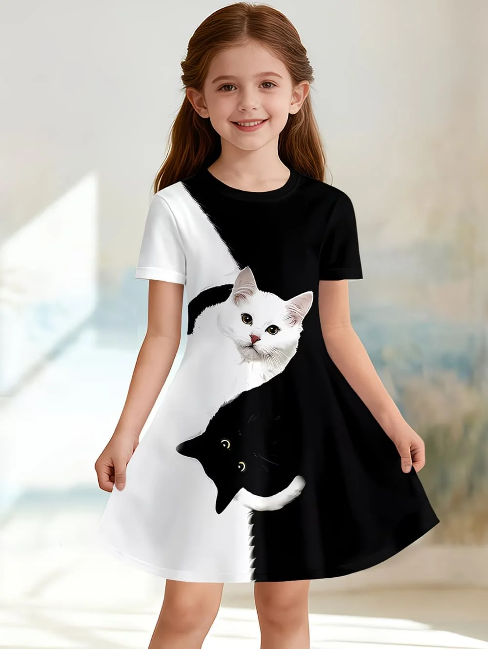 Girl Clothes Cartoon Cat Graphic Printed Girls' Princess Dress Summer Casual Dress for Girls Outfit O-Neck Birthday Gift Clothes