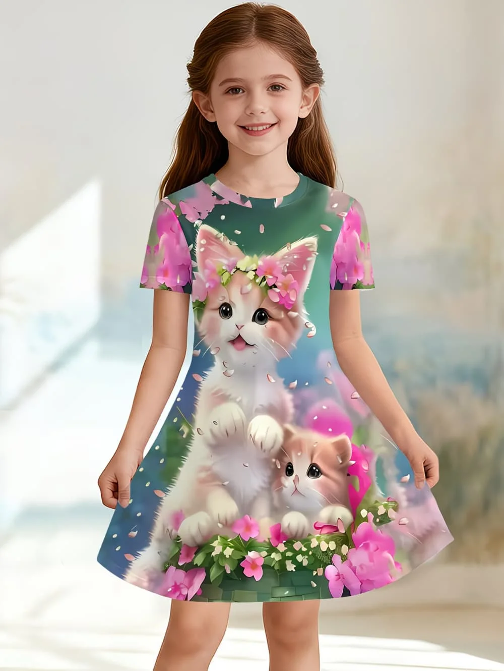Girl Clothes Cartoon Cat Graphic Printed Girls' Princess Dress Summer Casual Dress for Girls Outfit O-Neck Birthday Gift Clothes