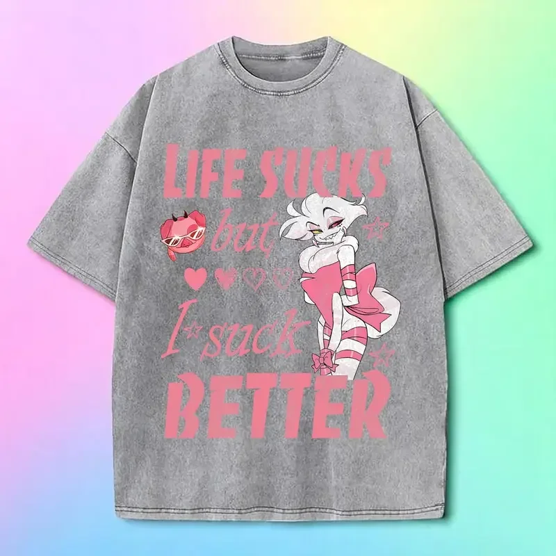 Anime Hazbin Hotel Angel Dust T-shirt Men Women Clothing Gothic Vintage Washed Oversized T Shirt Short Sleeve Cotton Tees Tops