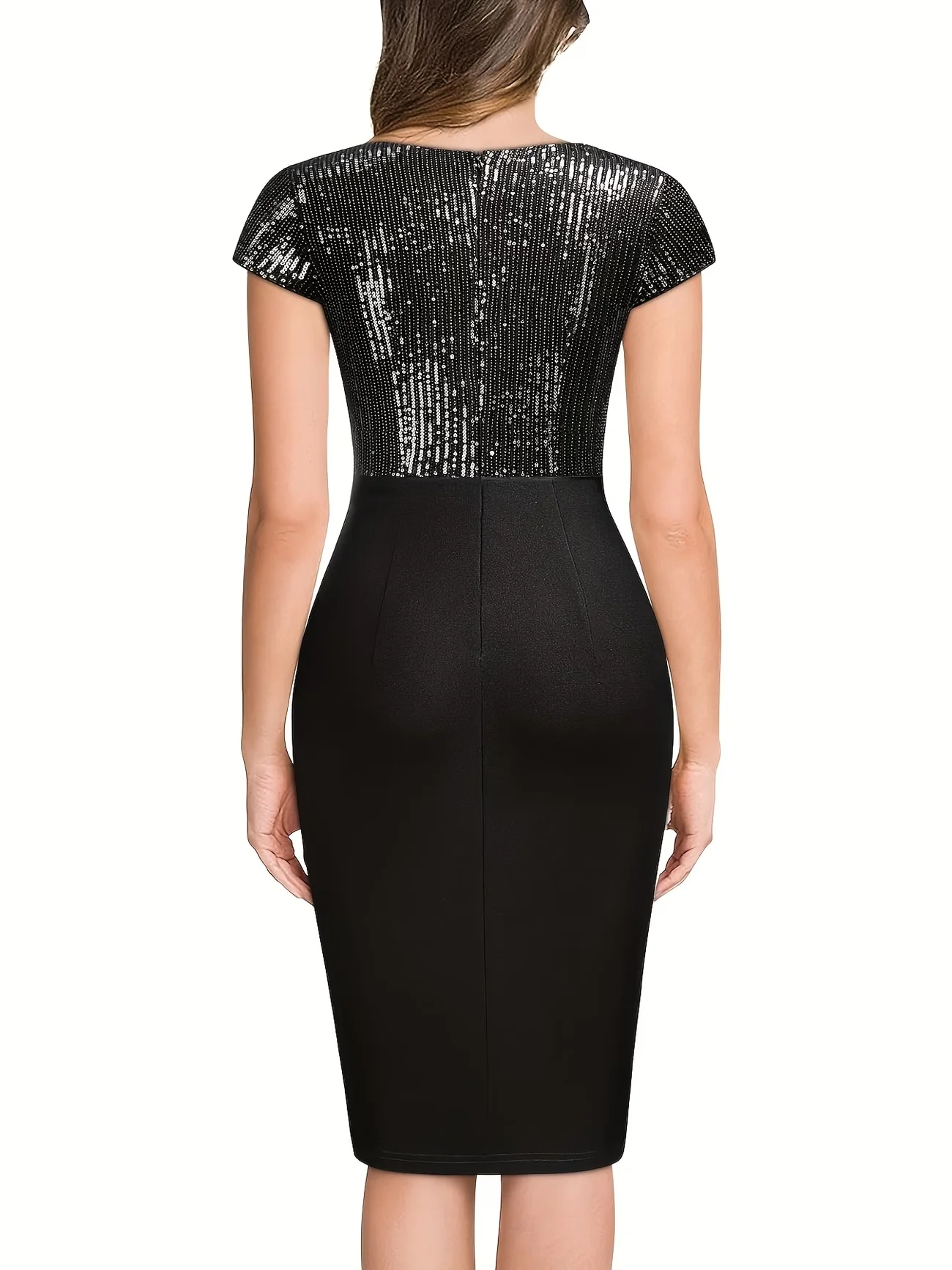 Women Summer Sexy V-neck Short Sleeved Knee Length Dress Chest Sequinr Nightclub Cocktail Party Slit Pencil Dress