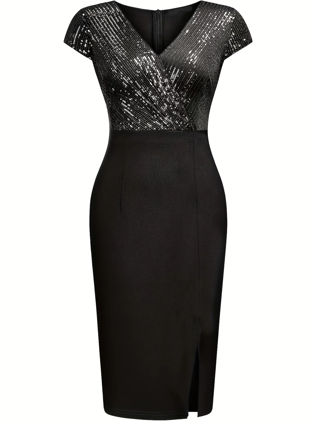 Women Summer Sexy V-neck Short Sleeved Knee Length Dress Chest Sequinr Nightclub Cocktail Party Slit Pencil Dress