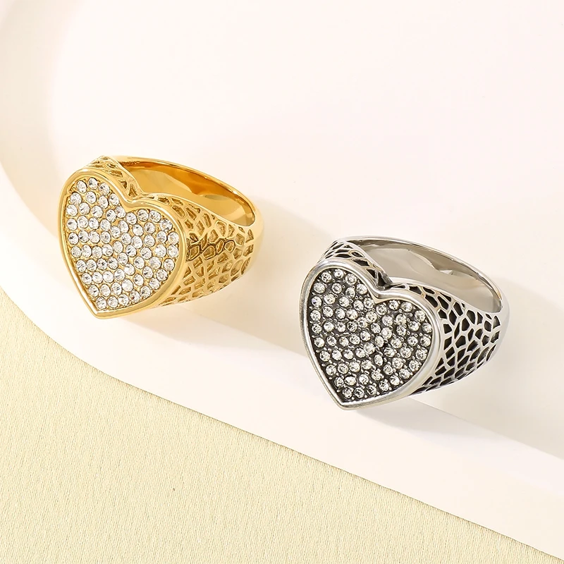 Vintage Heart-shaped Design Women Ring Stainless Steel With Cubic Zircon Wedding Enagement Anniversary Ring