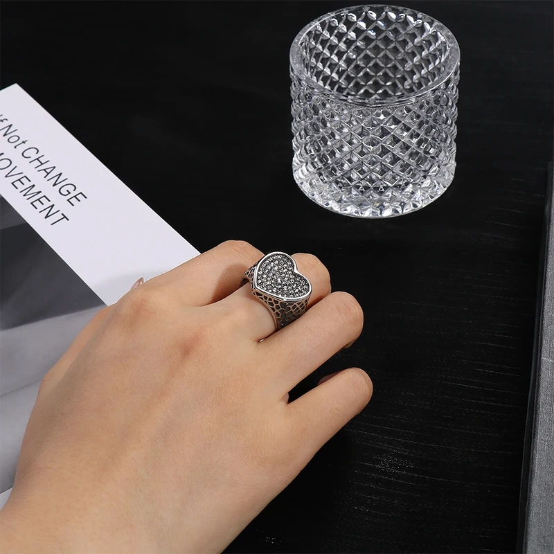 Vintage Heart-shaped Design Women Ring Stainless Steel With Cubic Zircon Wedding Enagement Anniversary Ring