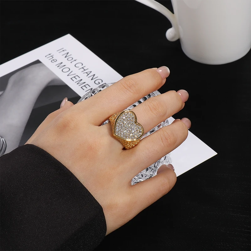 Vintage Heart-shaped Design Women Ring Stainless Steel With Cubic Zircon Wedding Enagement Anniversary Ring