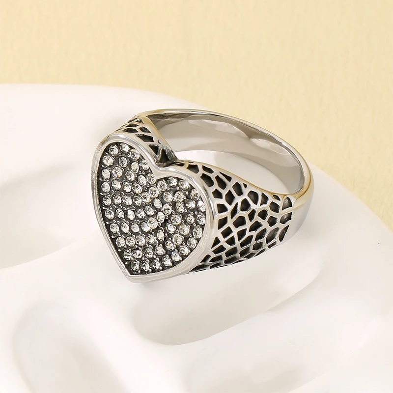 Vintage Heart-shaped Design Women Ring Stainless Steel With Cubic Zircon Wedding Enagement Anniversary Ring
