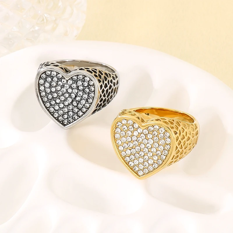 Vintage Heart-shaped Design Women Ring Stainless Steel With Cubic Zircon Wedding Enagement Anniversary Ring