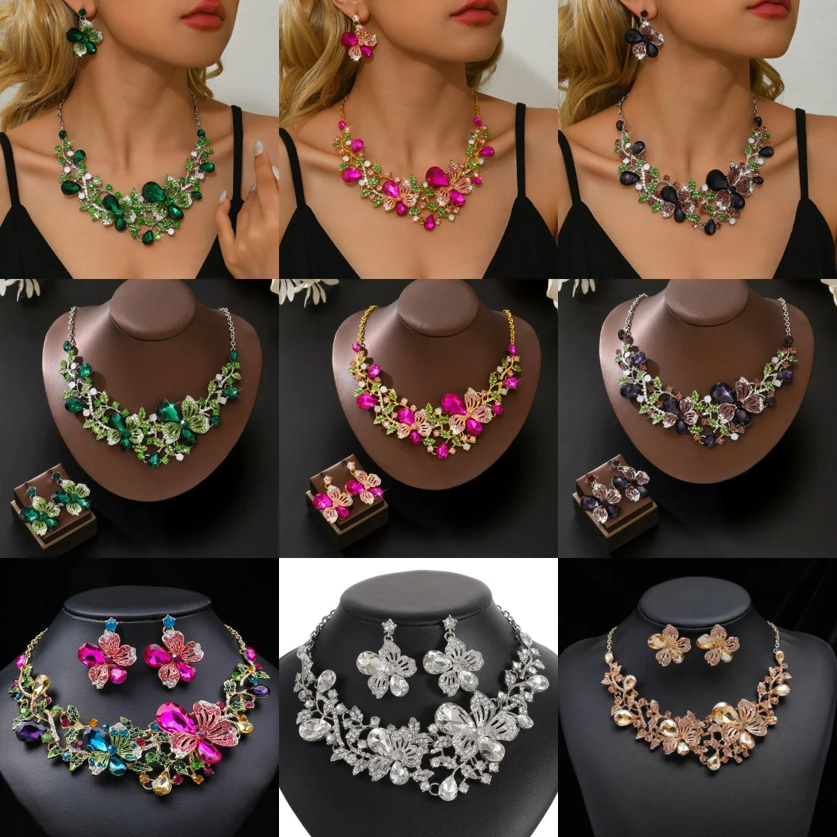 Exaggerated Retro Necklace Earring Set for Women's Luxurious Crystal Banquet Party Photography Dress with Accessories