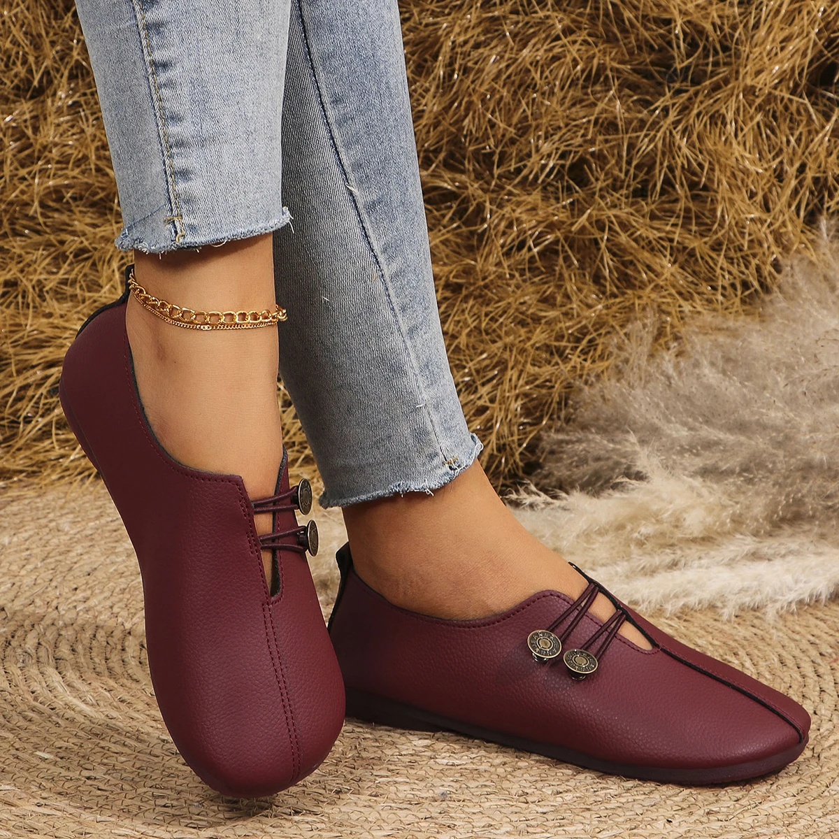 Women's Slip-On Soft Leather Loafers, Elastic Strap with Metal Buttons, Casual Flat Shoes for All Seasons