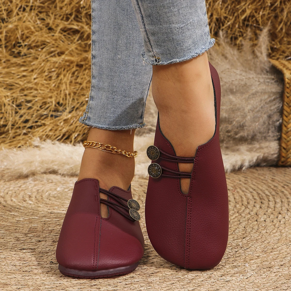 Women's Slip-On Soft Leather Loafers, Elastic Strap with Metal Buttons, Casual Flat Shoes for All Seasons