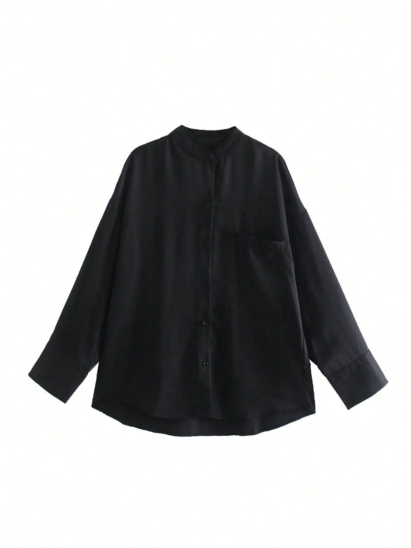 HH Womens Minimalist Black Stand Collar Shirt Oversized Long Sleeve Button Up Office Workwear Business Casual Daily Clothing