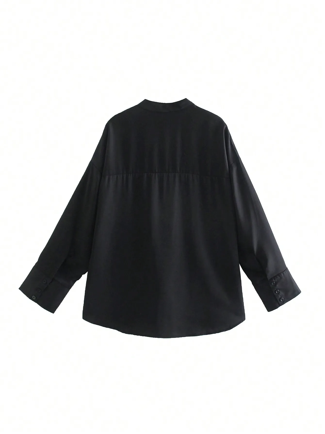 HH Womens Minimalist Black Stand Collar Shirt Oversized Long Sleeve Button Up Office Workwear Business Casual Daily Clothing
