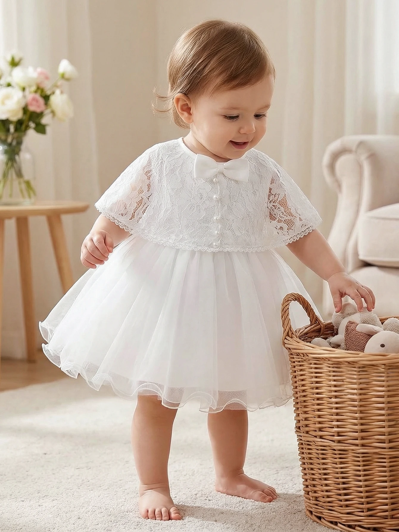 Toddler Girls White Lace Tulle Dress Short Sleeve Bow Party Dress For Birthday Wedding Flower Girl Christening Summer Photoshoot