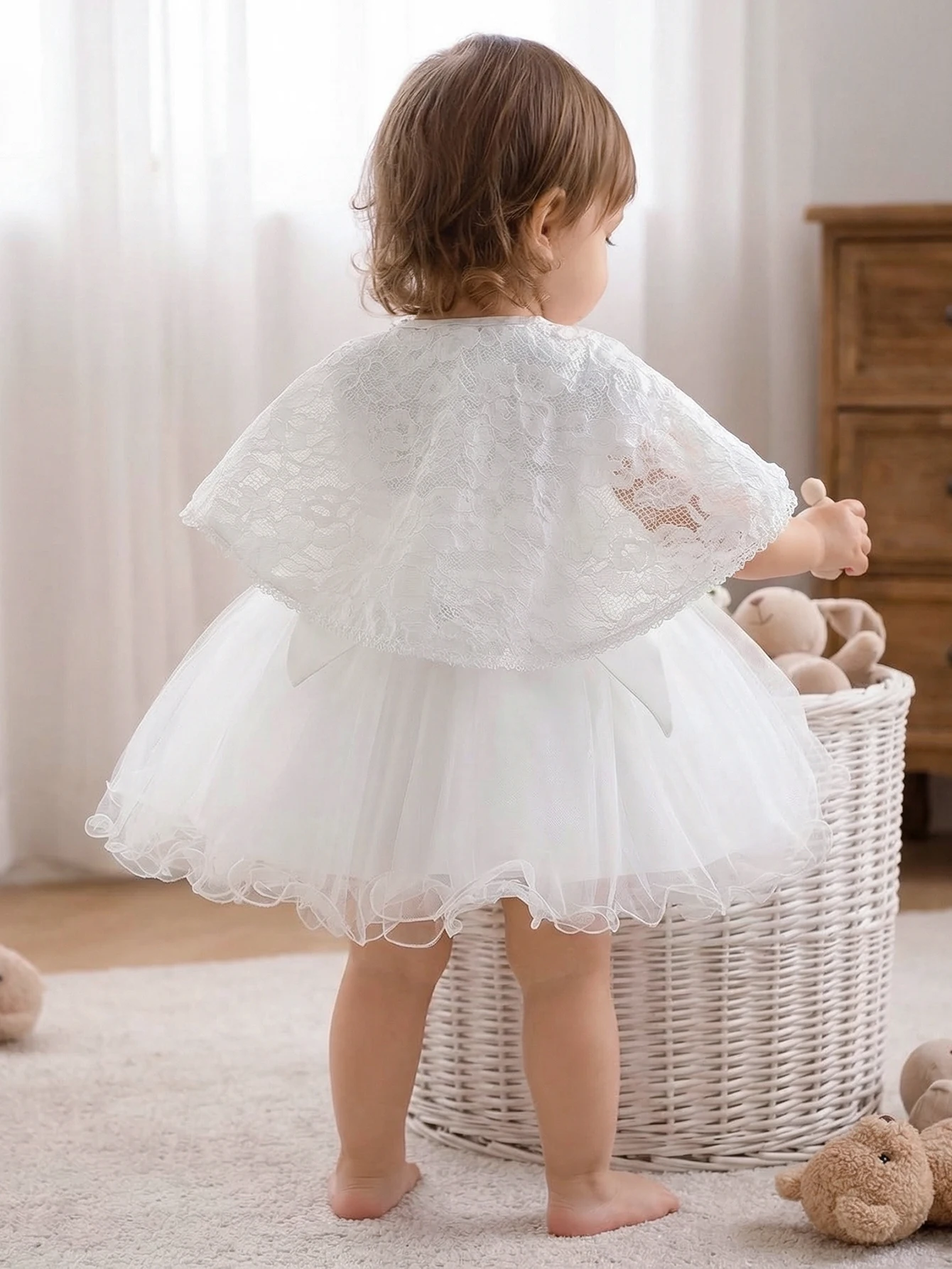 Toddler Girls White Lace Tulle Dress Short Sleeve Bow Party Dress For Birthday Wedding Flower Girl Christening Summer Photoshoot