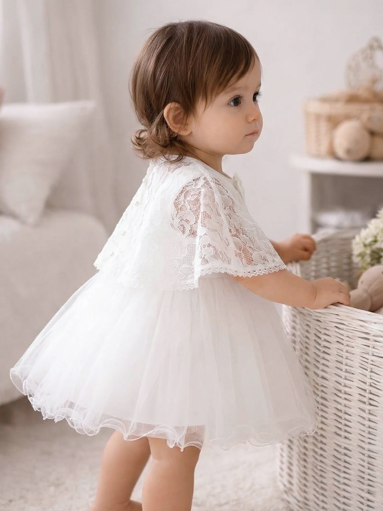 Toddler Girls White Lace Tulle Dress Short Sleeve Bow Party Dress For Birthday Wedding Flower Girl Christening Summer Photoshoot