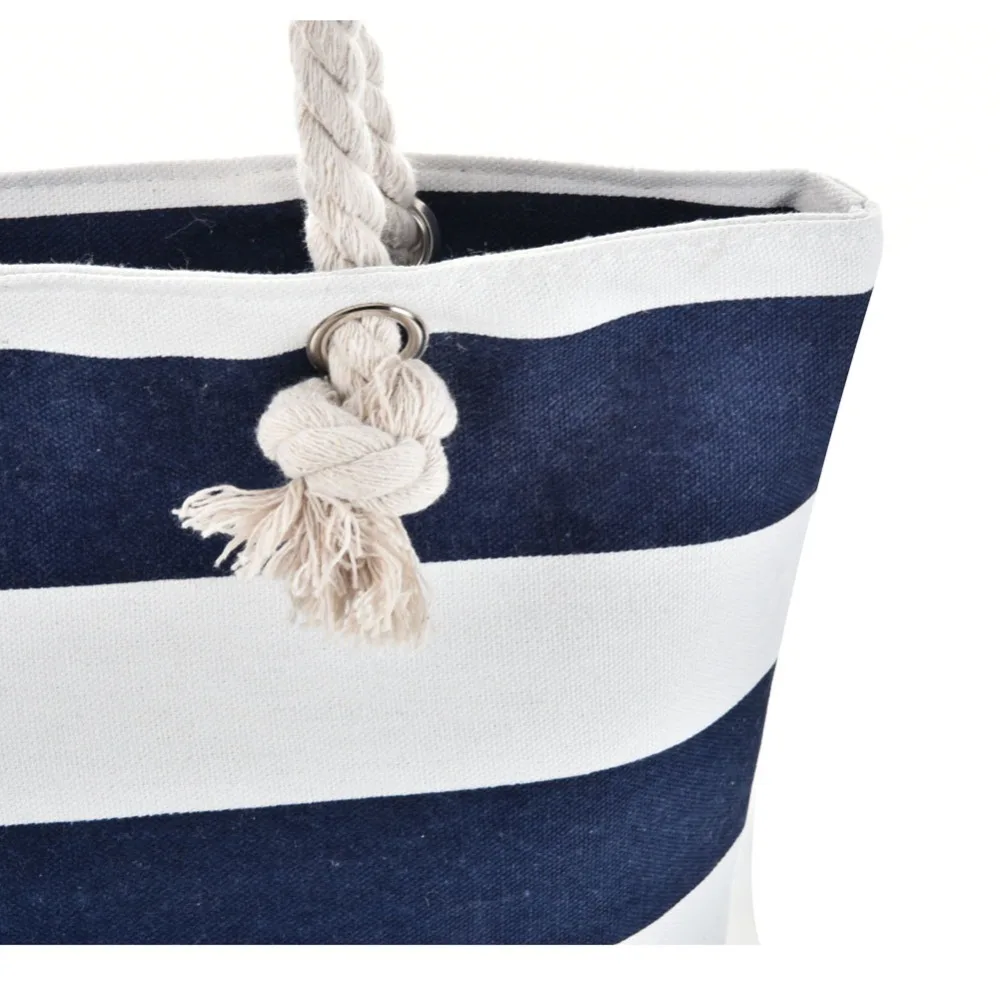 Striped Beach Tote Bag Large Capacity Canvas Shoulder Bag Foldable Zipper Travel Handbag For Travel Work Beach Gym Store