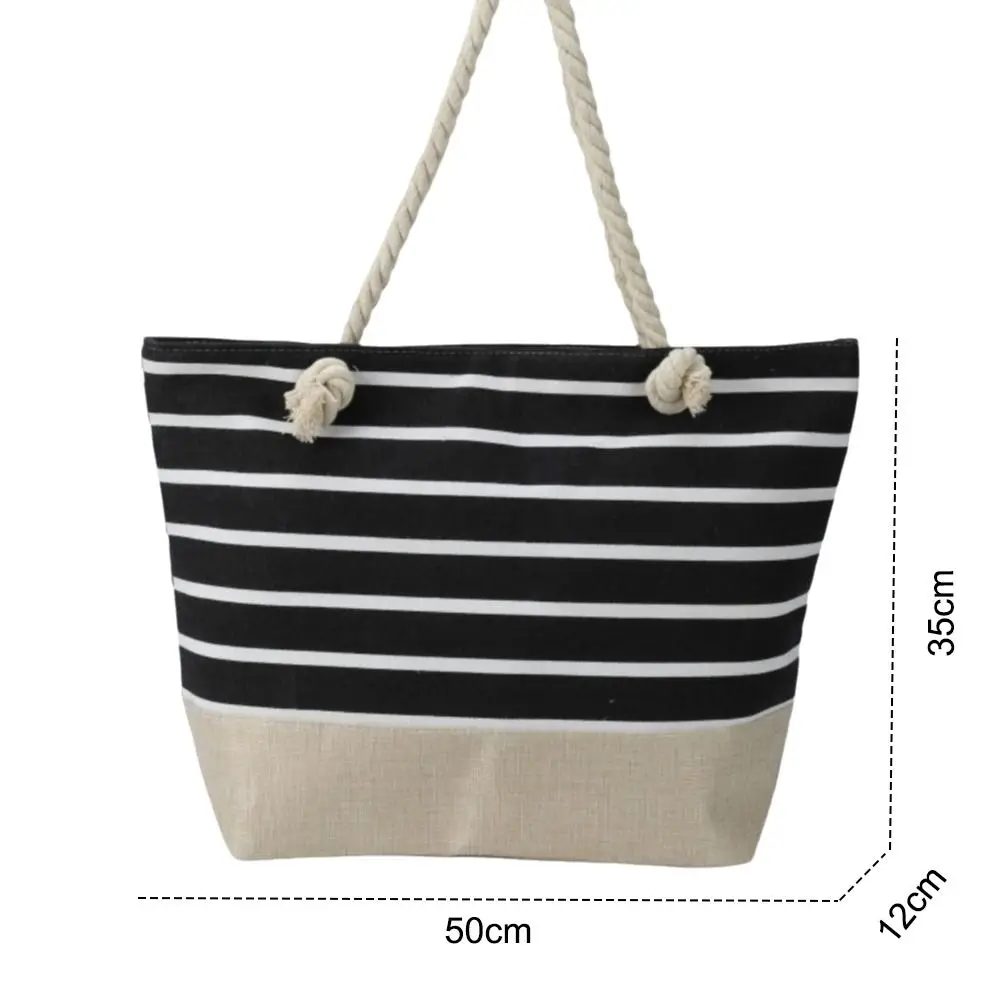 Striped Beach Tote Bag Large Capacity Canvas Shoulder Bag Foldable Zipper Travel Handbag For Travel Work Beach Gym Store