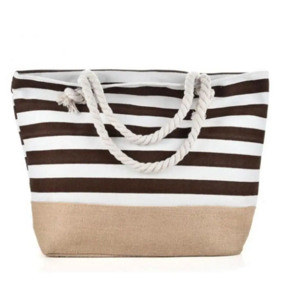 Striped Beach Tote Bag Large Capacity Canvas Shoulder Bag Foldable Zipper Travel Handbag For Travel Work Beach Gym Store