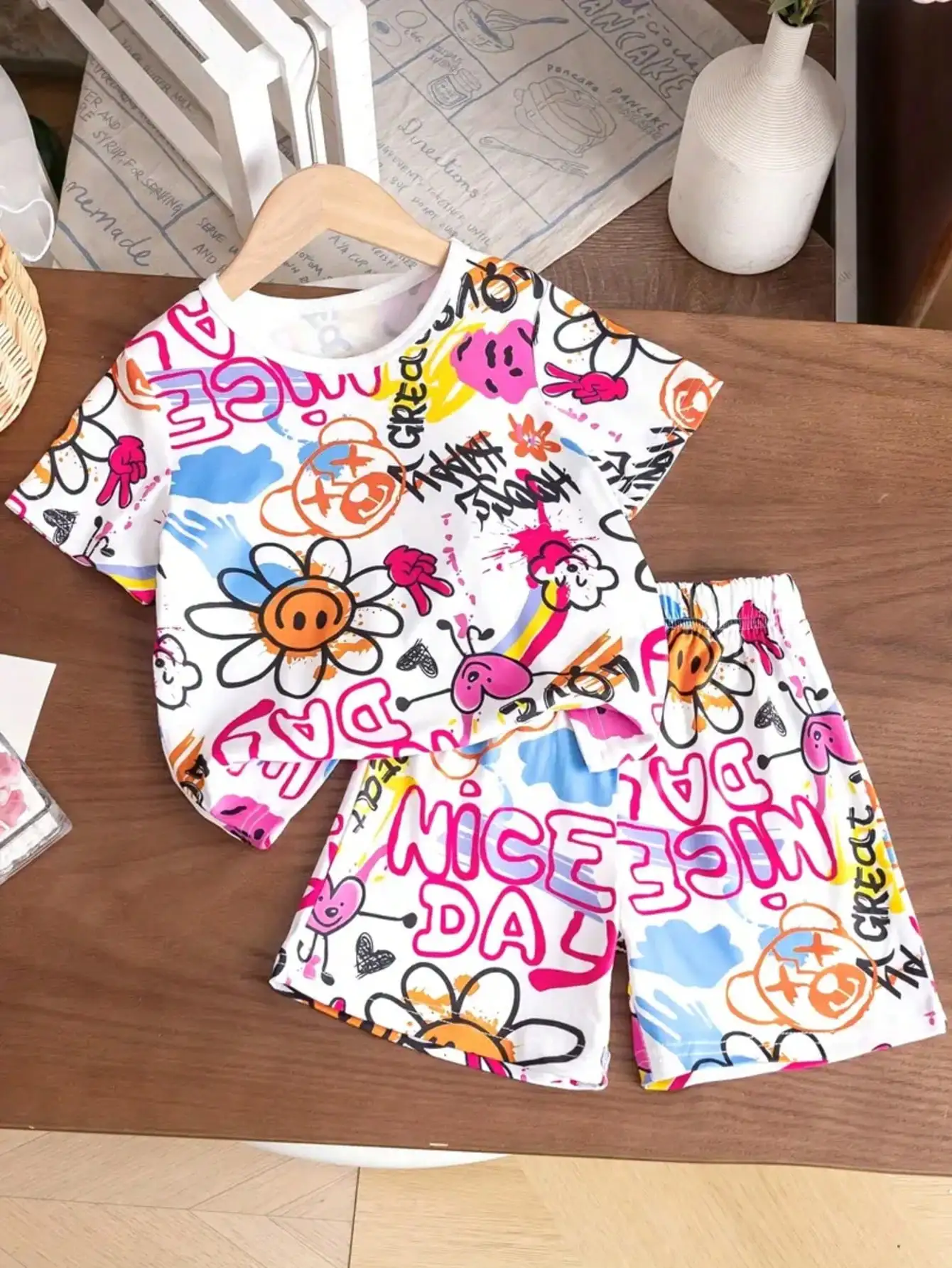 Playful Heart-Shaped Joyful Face Graffiti Short-Sleeved T-Shirt and Shorts, Comfortable Casual Wear Suitable for Daily Wear