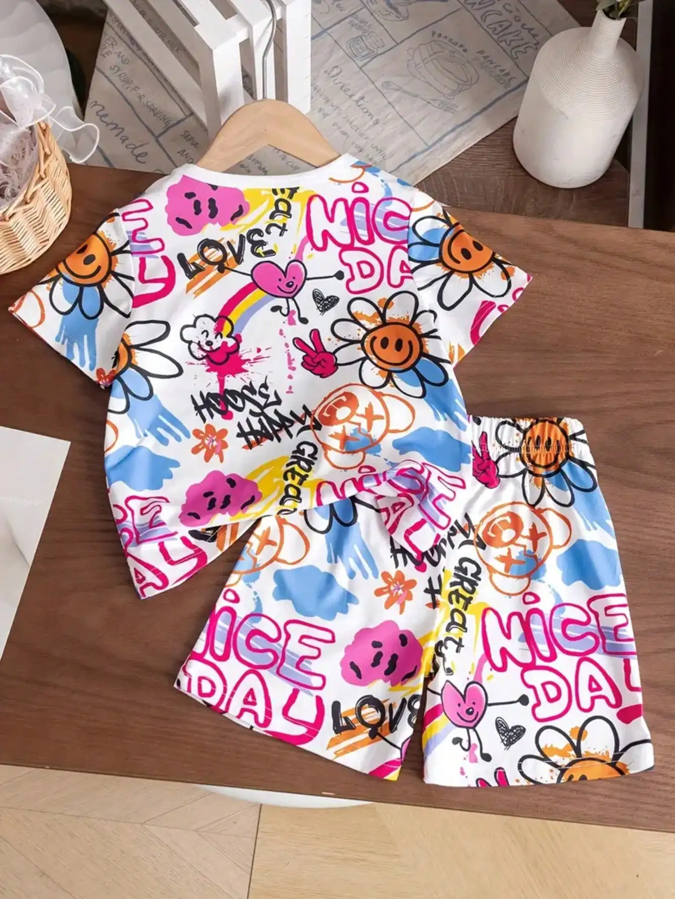 Playful Heart-Shaped Joyful Face Graffiti Short-Sleeved T-Shirt and Shorts, Comfortable Casual Wear Suitable for Daily Wear