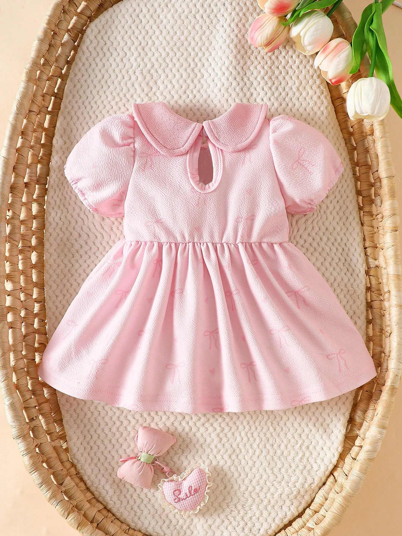 Summer New Arrival: Pink Bow-Tie Peter Pan Collar Puff Sleeve Short-Sleeve Dress for Newborn Baby Girls Sweet, Cute, Elegant, an