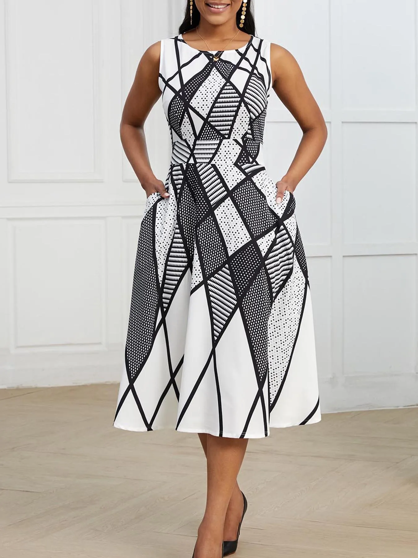 Women Summer Elegant Sleeveless Vintage Round Neck Work and Leisure Midi Geometric Print Party Swing Dress