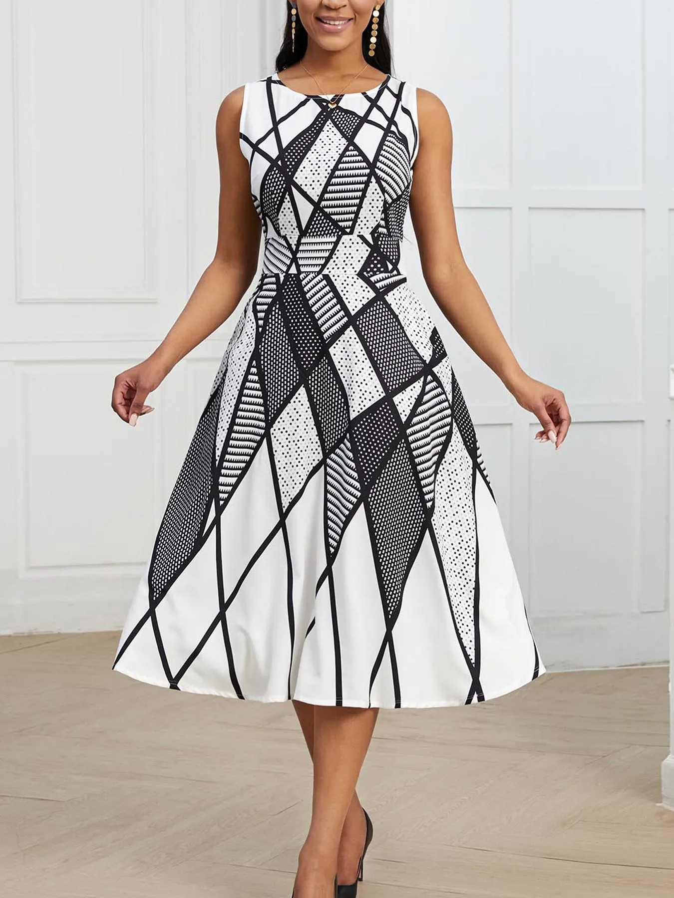 Women Summer Elegant Sleeveless Vintage Round Neck Work and Leisure Midi Geometric Print Party Swing Dress