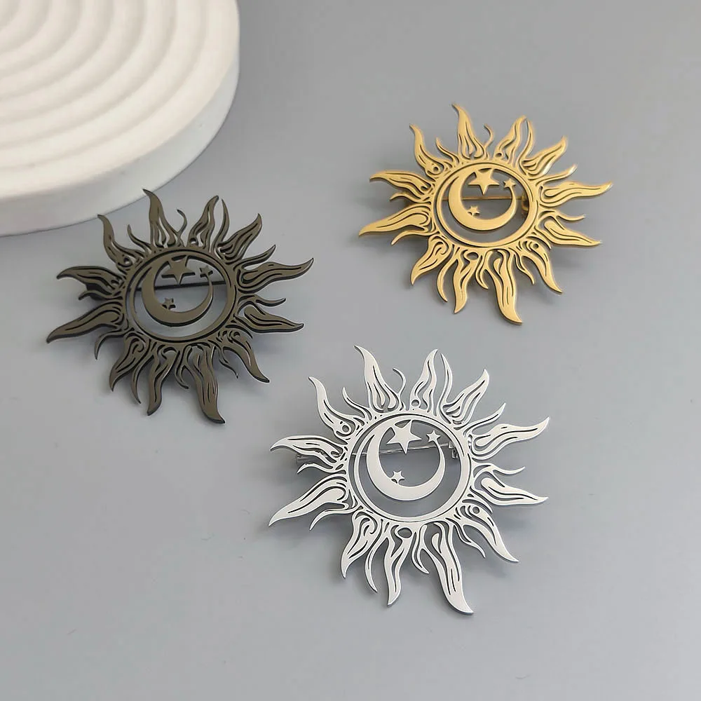 Original design sun moon star gold-plated stainless steel brooch, waterproof and non-fading pin, suit accessories