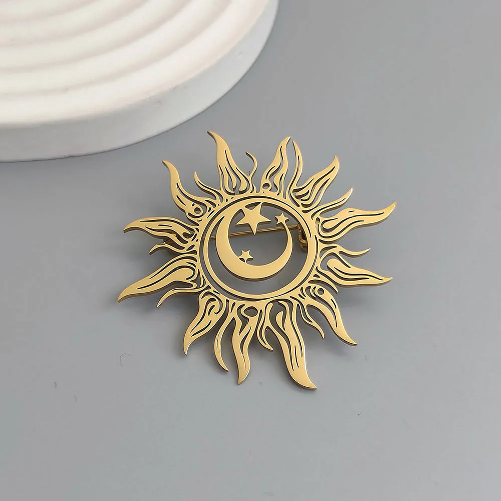 Original design sun moon star gold-plated stainless steel brooch, waterproof and non-fading pin, suit accessories