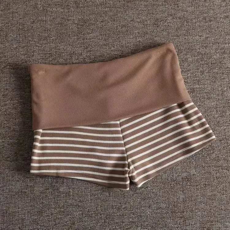 Casual Stripe Elastic Shorts Female Skinny Fold Over Low-waisted Mini Short Slim Bottoms Summer Ladies Homewear Lounge Shorts