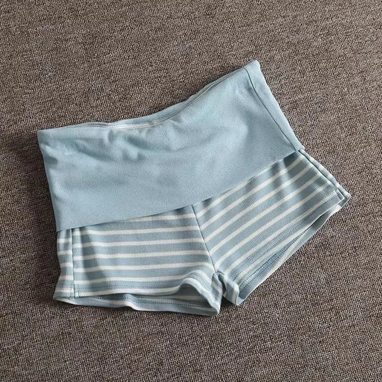Casual Stripe Elastic Shorts Female Skinny Fold Over Low-waisted Mini Short Slim Bottoms Summer Ladies Homewear Lounge Shorts