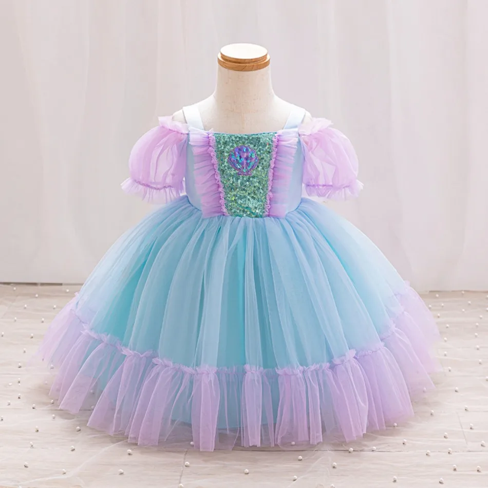 Baby Rapunzel Jasmine Belle Ariel Snow White Dress Up Costume Girl Fluffy Yarn Cake Dress Short Sleeve Knee Length Dress XMZ65