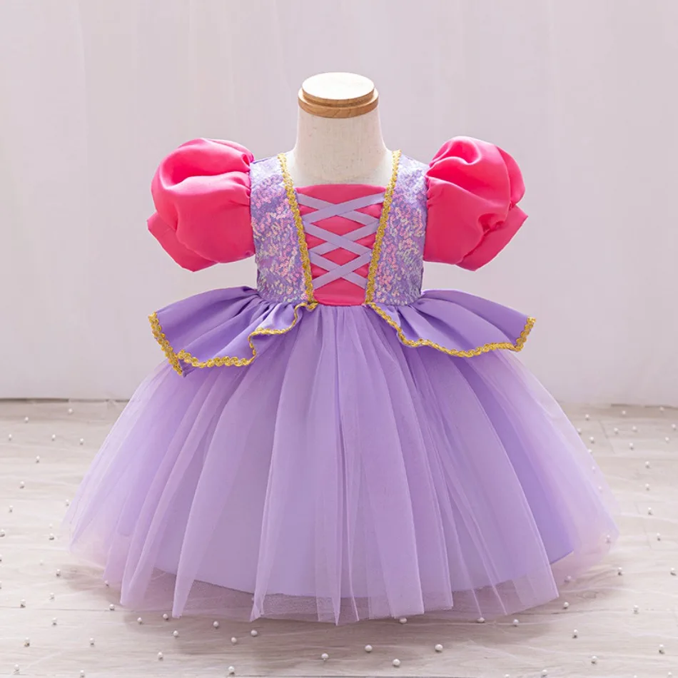 Baby Rapunzel Jasmine Belle Ariel Snow White Dress Up Costume Girl Fluffy Yarn Cake Dress Short Sleeve Knee Length Dress XMZ65